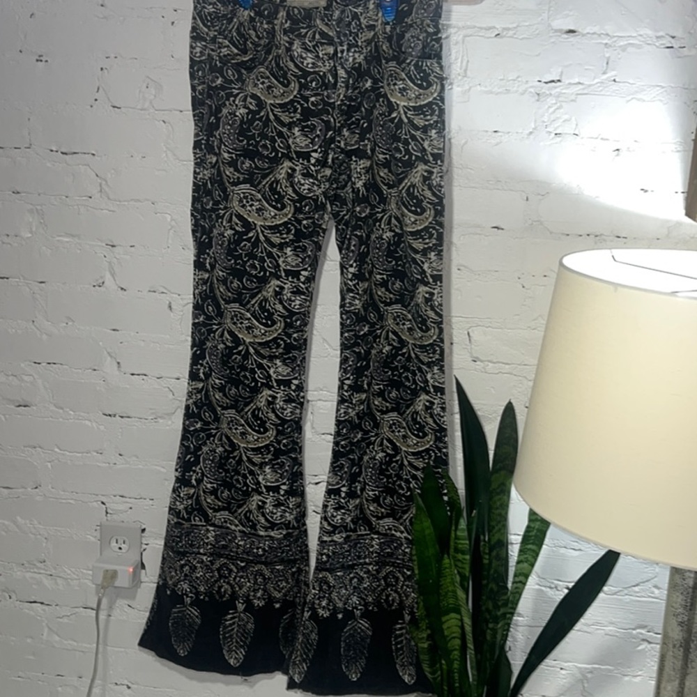 Free People Navy and White Paisley and Feather corduroy flares